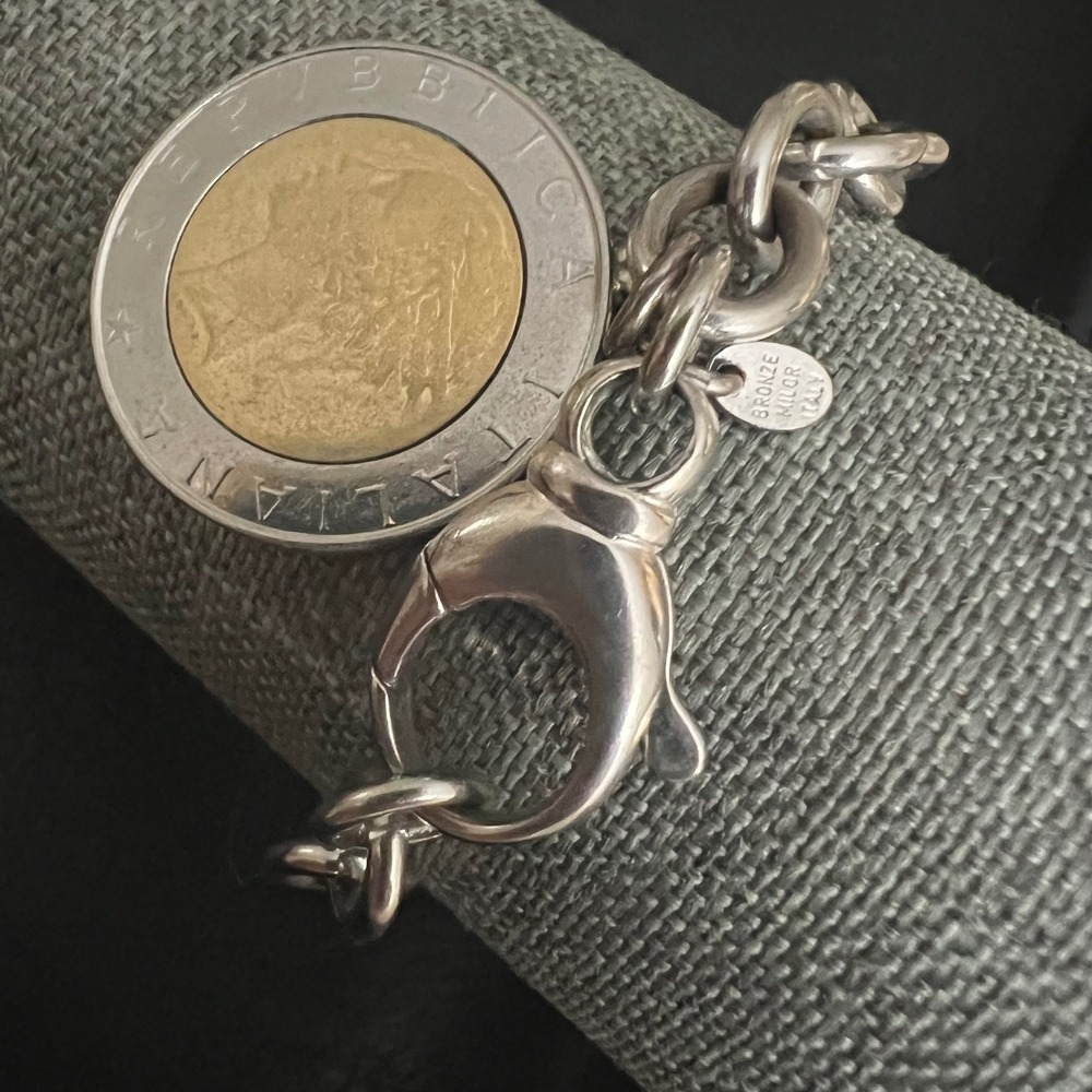 Milor Italy Bronze Lira Coin Charm Bracelet Silver Tone 8" Cottagecore